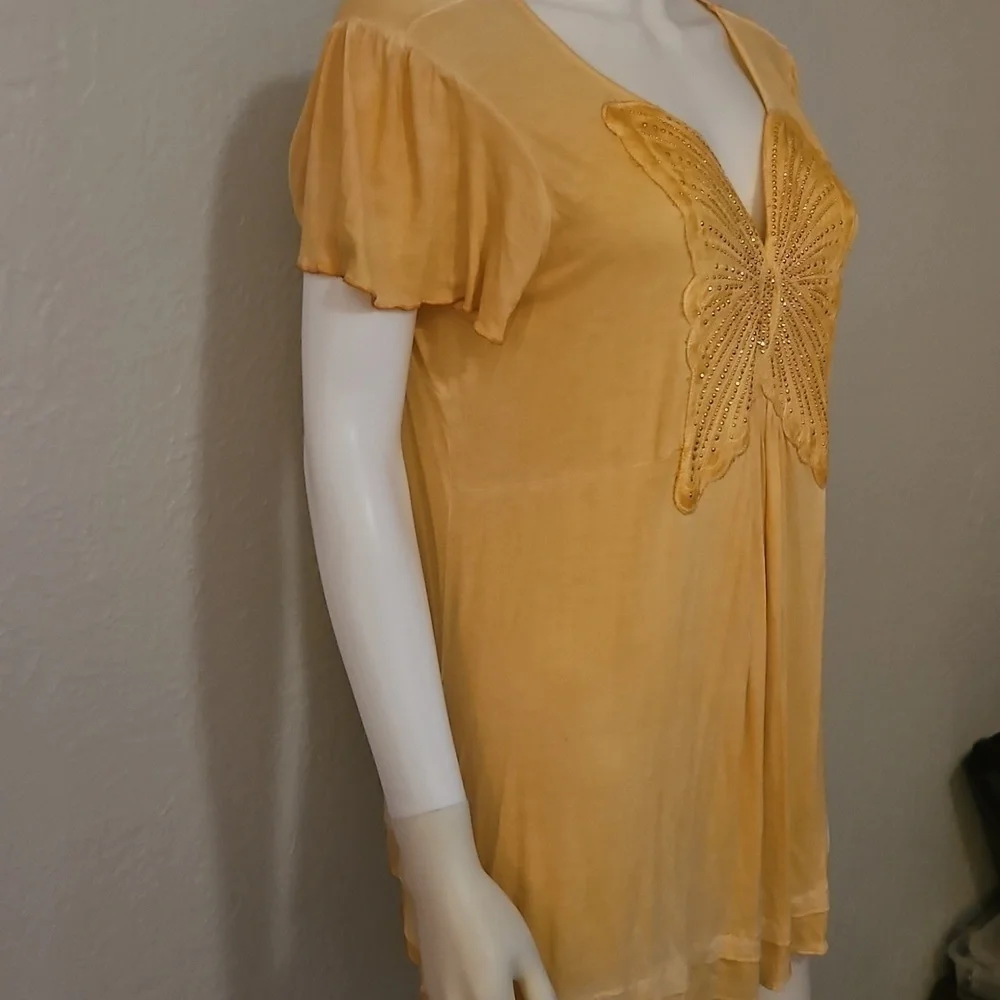 ONE WORLD Canary Yellow Embellished Butterfly Short Sleeve Fairy Tunic Top